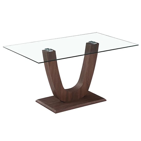 Product photograph of Calliroe Clear Glass Dining Table With Walnut Base from Furniture in Fashion