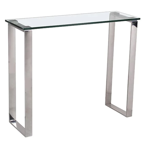 Photo of Callison clear glass console table with stainless steel legs