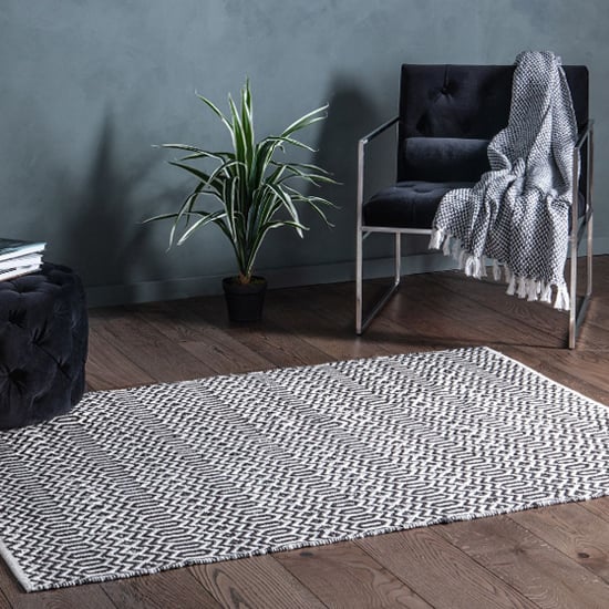 Read more about Callisto small bold flat weave rug in black and cream