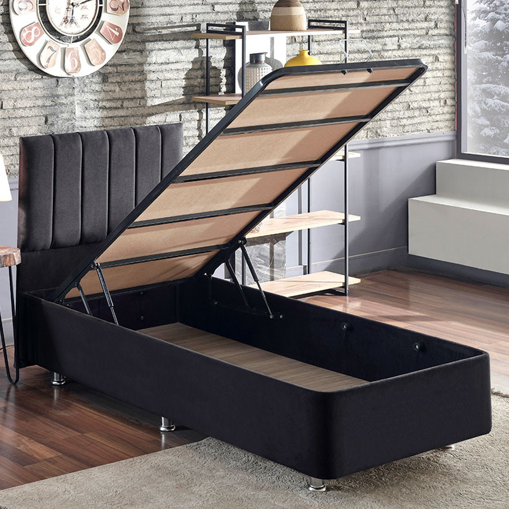 Caltrex Fabric Ottoman Storage Single Bed with Headboard in Black