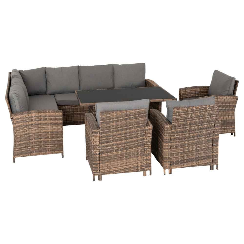 Calvero Rattan Corner Outdoor Lounge Set In Brown And Grey