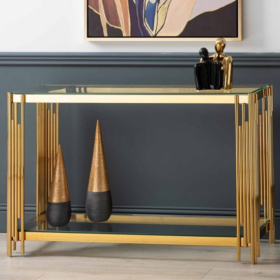 Calvi Clear Glass Console Table In Gold Stainless Steel Tubes