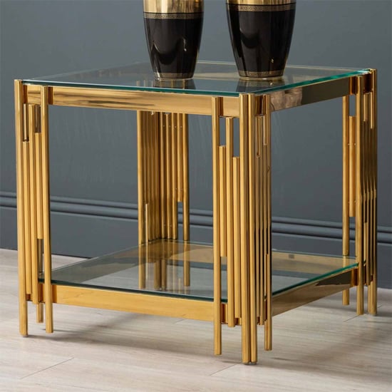 Product photograph of Calvi Clear Glass End Table In Gold Stainless Steel Tubes from Furniture in Fashion