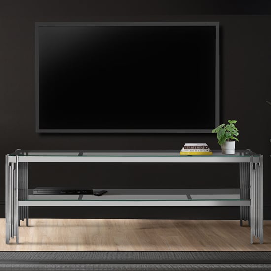 Calvi Clear Glass TV Stand With Undershelf In Chrome Steel Tubes