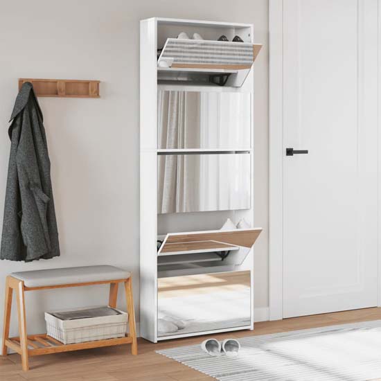 Calvi High Gloss Shoe Storage Cabinet 5 Mirror Layers In White