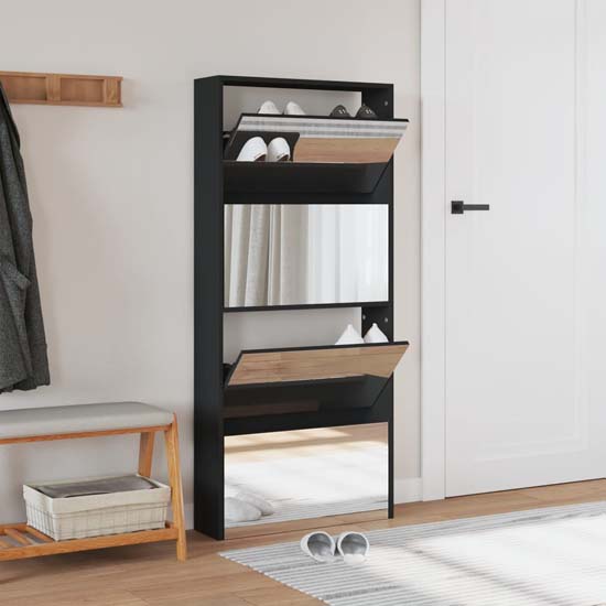 Calvi Wooden Shoe Storage Cabinet With 4 Mirror Layers In Black
