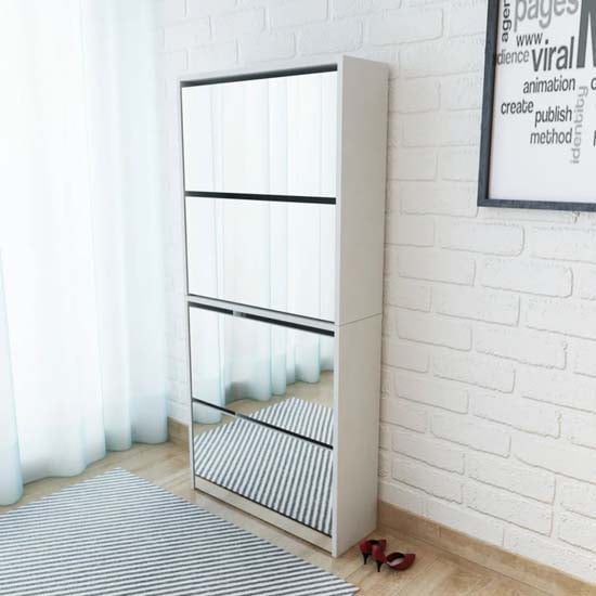 Product photograph of Calvi Wooden Shoe Storage Cabinet With 4 Mirror Layers In White from Furniture in Fashion