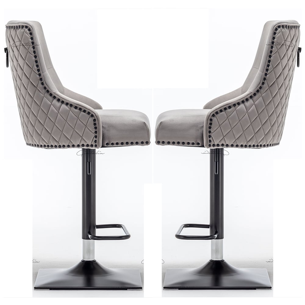 Camarillo Light Grey Velvet Bar Stools With Black Base In Pair