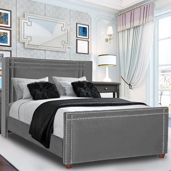 Camdenton Plush Velvet Double Bed In Grey