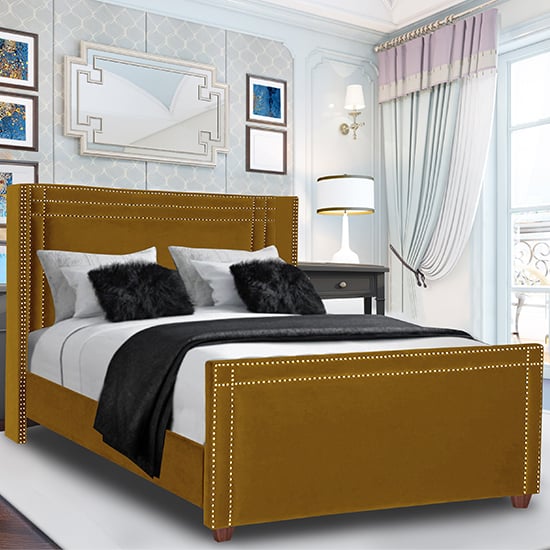 Camdenton Plush Velvet Double Bed In Mustard
