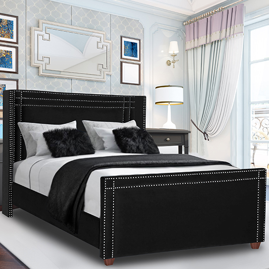 Camdenton Plush Velvet Small Double Bed In Black Furniture in Fashion