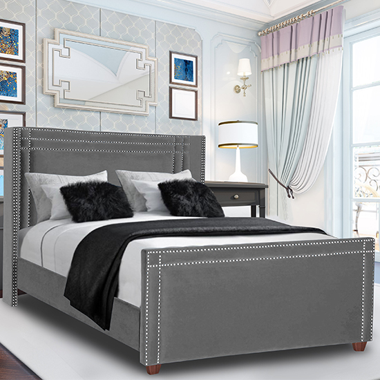Camdenton Plush Velvet Super King Size Bed In Grey Furniture in Fashion