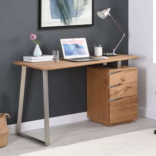 Product photograph of Camelia Wooden Computer Desk With 3 Drawers In Knotty Oak from Furniture in Fashion