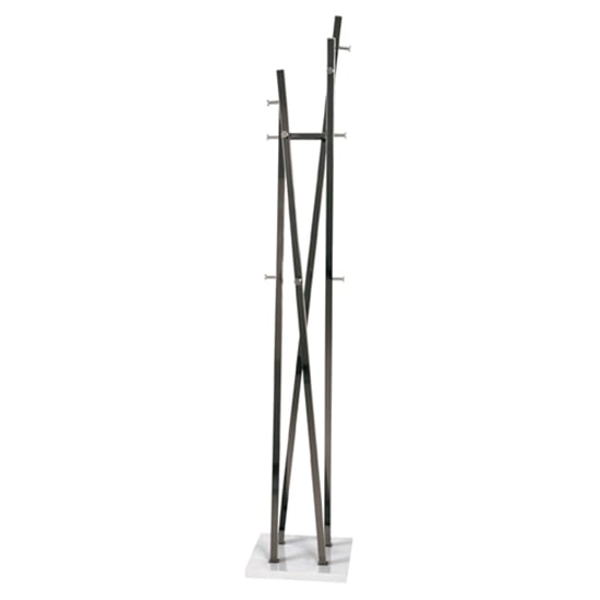 Photo of Cameron metal coat stand in dark chrome with white gloss base