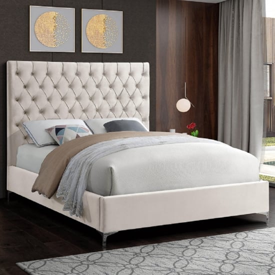 Photo of Campione plush velvet upholstered double bed in cream
