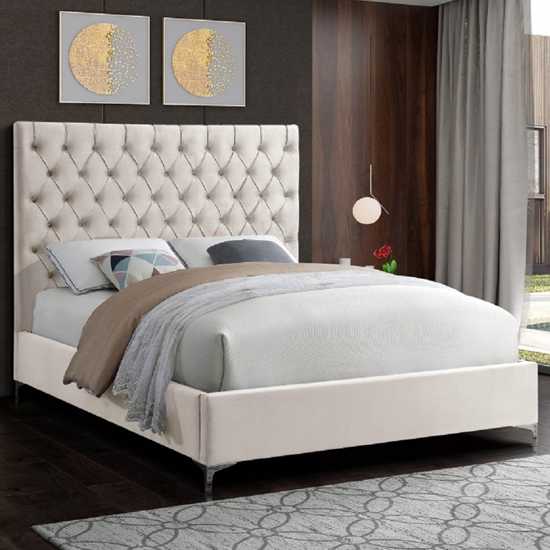 Product photograph of Campione Plush Velvet Upholstered Super King Size Bed In Cream from Furniture in Fashion