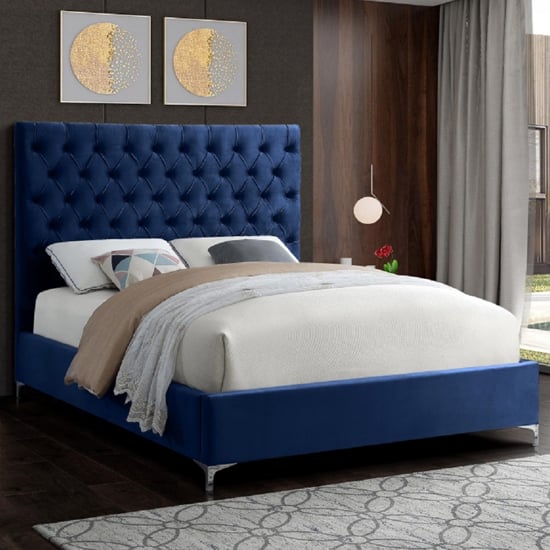 Photo of Campione plush velvet upholstered double bed in blue