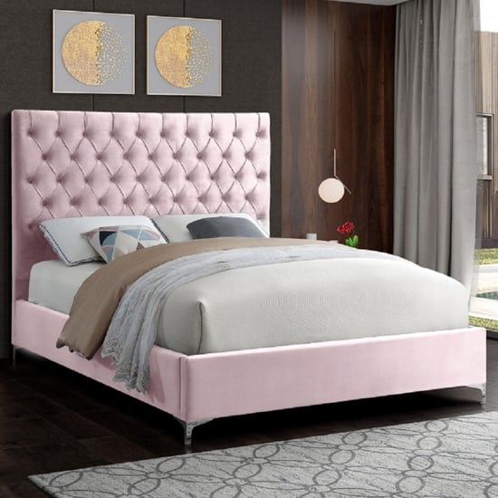 Product photograph of Campione Plush Velvet Upholstered Double Bed In Pink from Furniture in Fashion