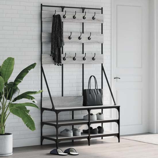 Read more about Camrose wooden clothes rack with shoe storage in grey sonoma oak