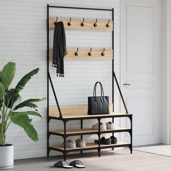 Camrose Wooden Clothes Rack With Shoe Storage In Sonoma Oak