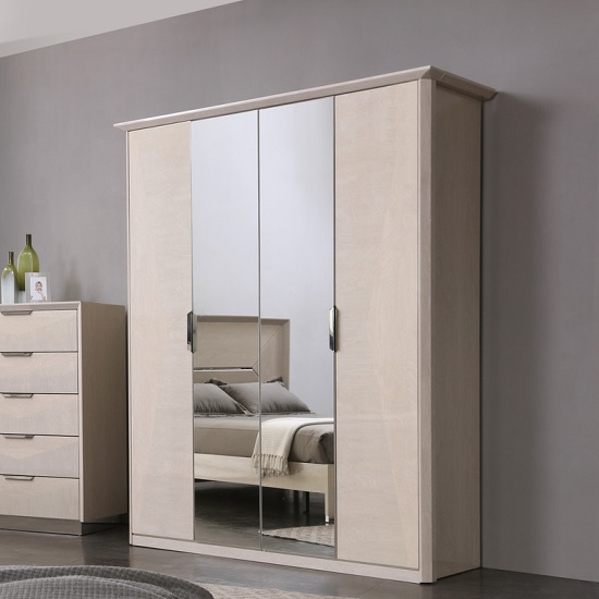 Canaria Mirrored Wardrobe In Cream Walnut High Gloss Furniture