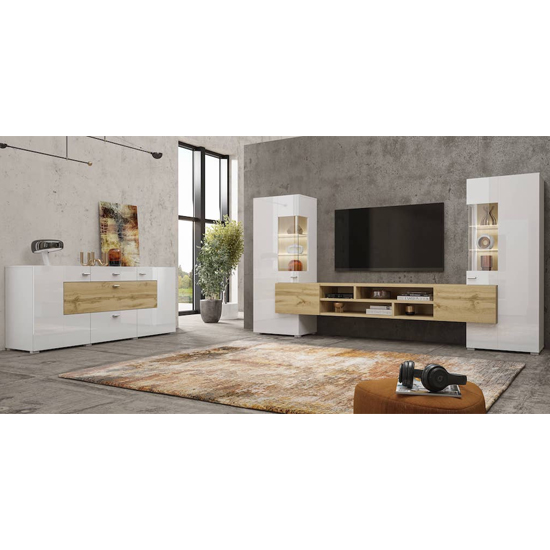 Canby Gloss Entertainment Unit In White And Wotan Oak With LED