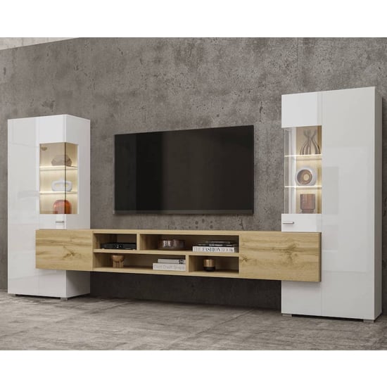 Photo of Canby gloss entertainment unit in white and wotan oak with led