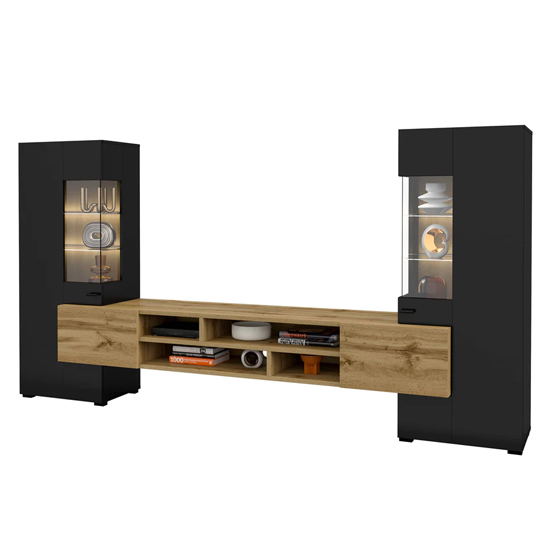 Canby Wooden Entertainment Unit In Black And Wotan Oak With LED