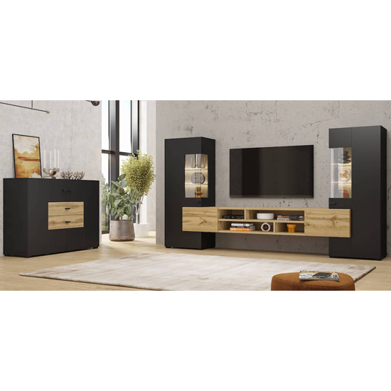 Canby Wooden Entertainment Unit In Black And Wotan Oak With LED