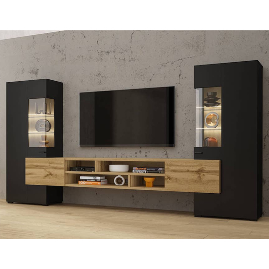 Product photograph of Canby Wooden Entertainment Unit In Black And Wotan Oak With Led from Furniture in Fashion
