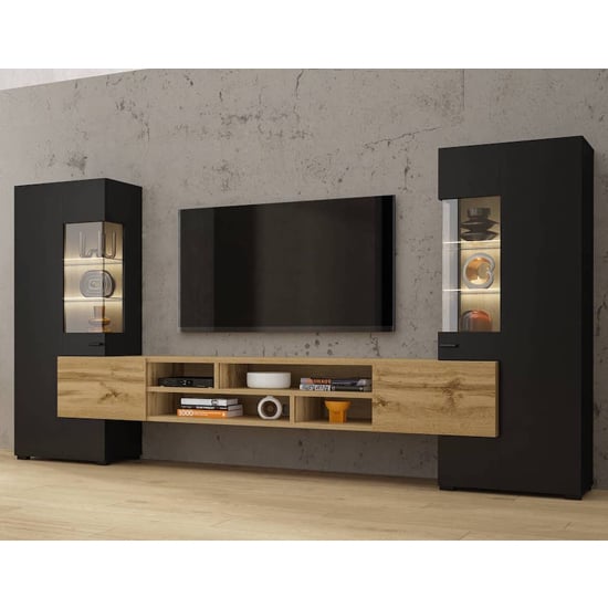 Canby Wooden Entertainment Unit In Black And Wotan Oak With LED