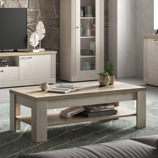 Read more about Cancun wooden coffee table with undershelf in meringue oak