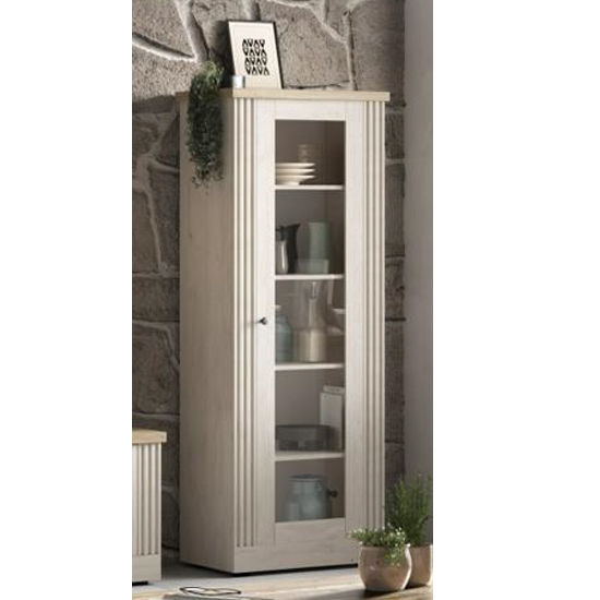 Read more about Cancun wooden display cabinet with 1 door in meringue oak