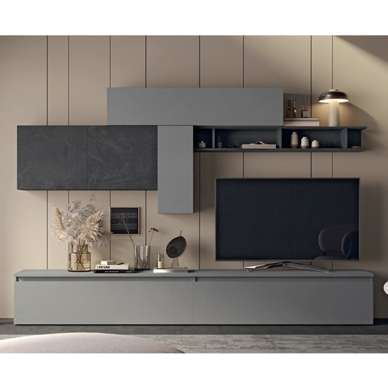 Read more about Cancun wooden entertainment unit in slate effect and lead grey