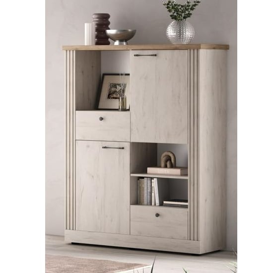 Read more about Cancun wooden highboard with 2 doors 2 drawers in meringue oak