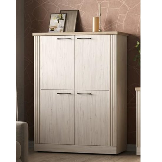 Read more about Cancun wooden highboard with 4 doors in meringue oak