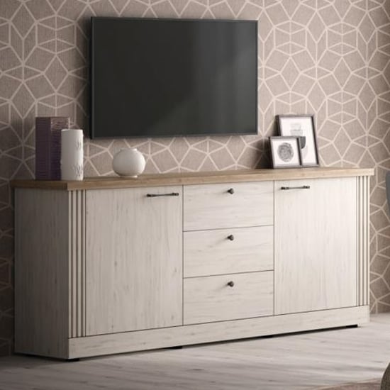 Read more about Cancun wooden sideboard with 2 doors 3 drawers in meringue oak