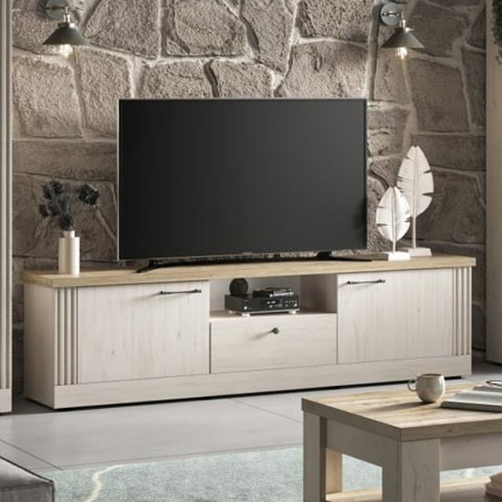 Read more about Cancun wooden tv stand with 2 doors 1 drawer in meringue oak