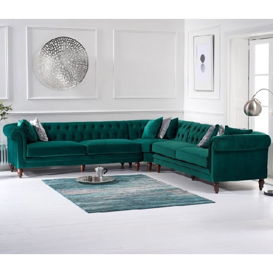 Candela Modern Fabric Corner Sofa In Green Velvet