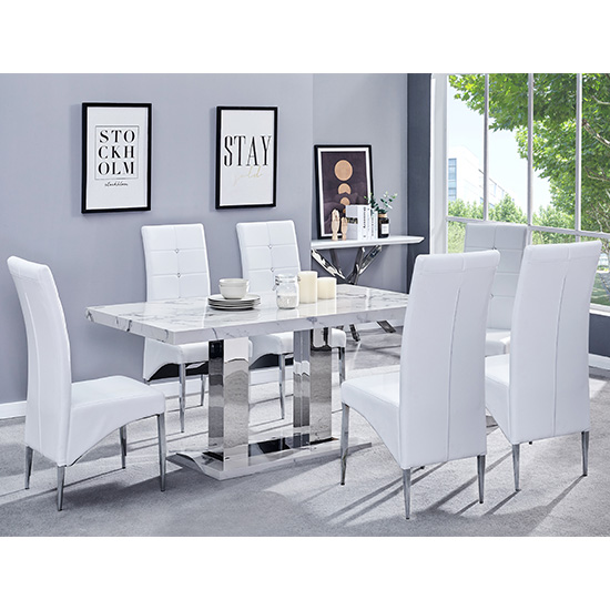 Photo of Candice gloss dining table in diva marble effect 6 white chairs