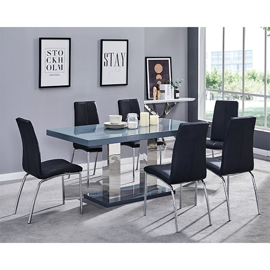 Read more about Candice grey high gloss dining table with 6 opal black chairs