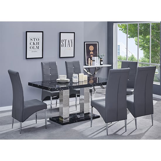 Candice Milano Marble Effect Dining Table 6 Vesta Grey Chairs