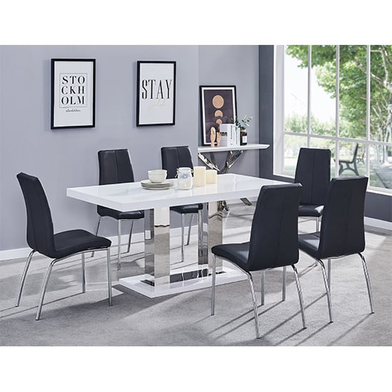 Candice White High Gloss Dining Table With 6 Opal Black Chairs