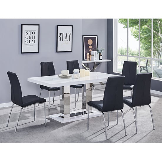 Photo of Candice white high gloss dining table with 6 opal black chairs