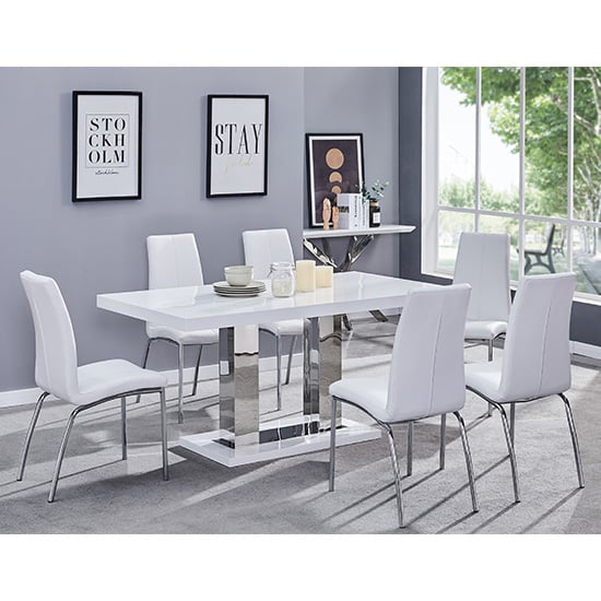 Photo of Candice white high gloss dining table with 6 opal white chairs