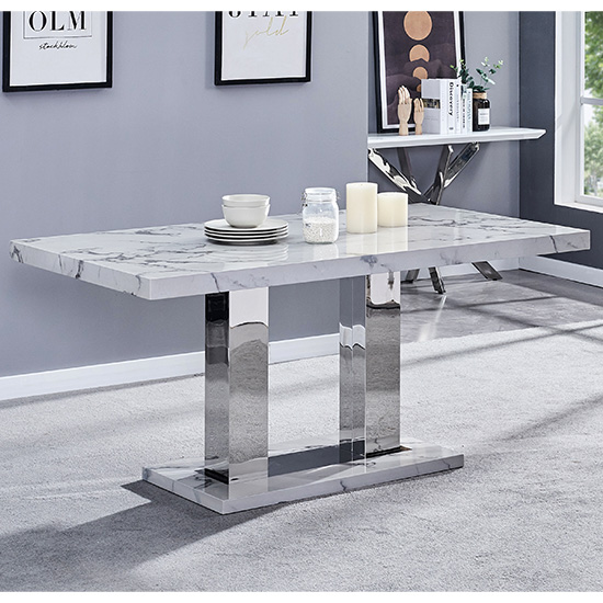Candice Gloss Dining Table In Diva Marble Effect 6 Grey Chairs_2