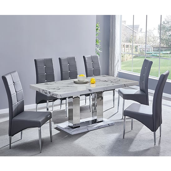 Read more about Candice gloss dining table in diva marble effect 6 grey chairs