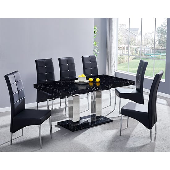 Photo of Candice milano marble effect dining table 6 vesta black chairs