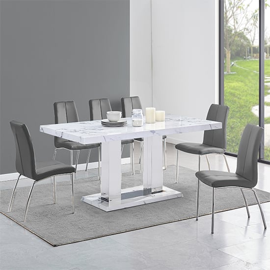 Candice Diva Marble Effect Dining Table 6 Opal Grey Chairs