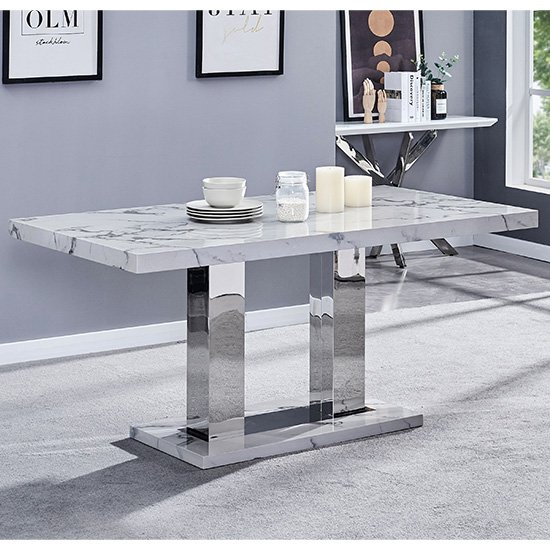 Candice Diva Marble Effect Dining Table 6 Ravenna White Chairs